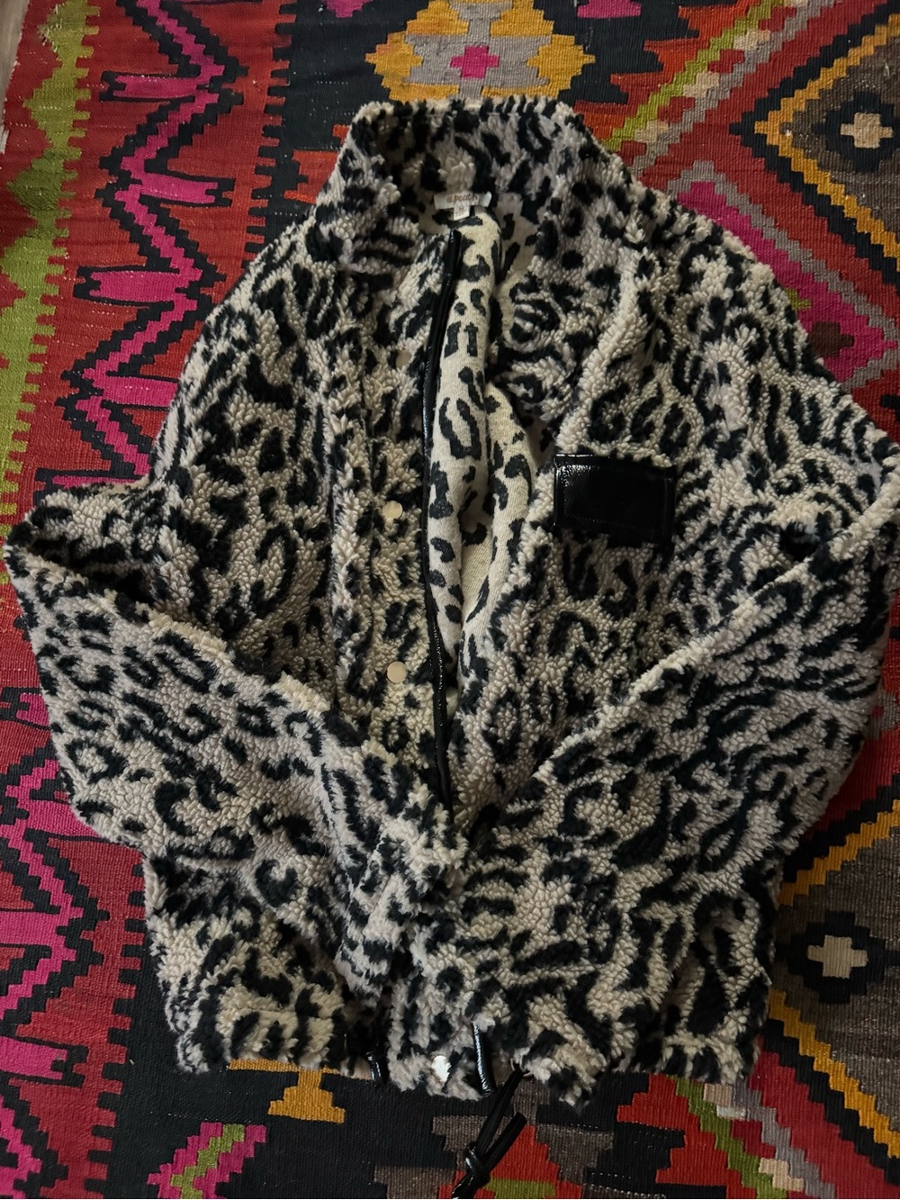 Leopard Print Faux Shearling Jacket - Black & Cream